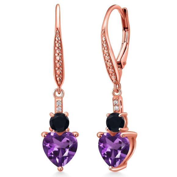 18K Rose Gold with 2.27 Cttw Amethyst and Black Onyx Heart Drop Earrings